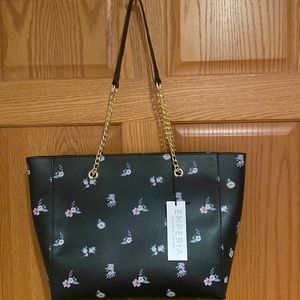 Emperia black pink white floral faux leather tote bag NWT chain handles